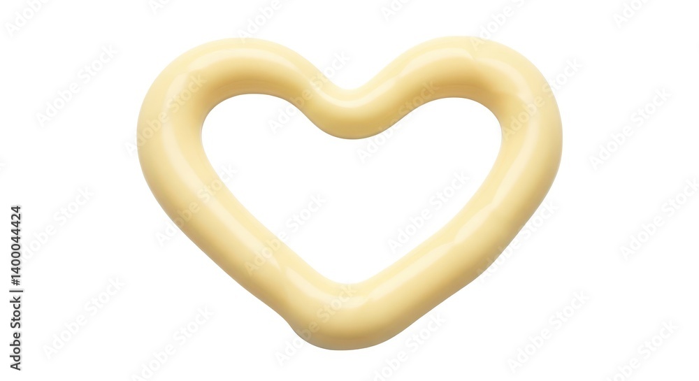Poster close up of a pale yellow heart shaped object with rounded edges on a white background plain studio 