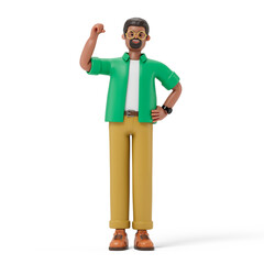 A man raising his right fist, symbolizing strength and confidence in success. 3d rendering, conceptual image. Isolated on white background.