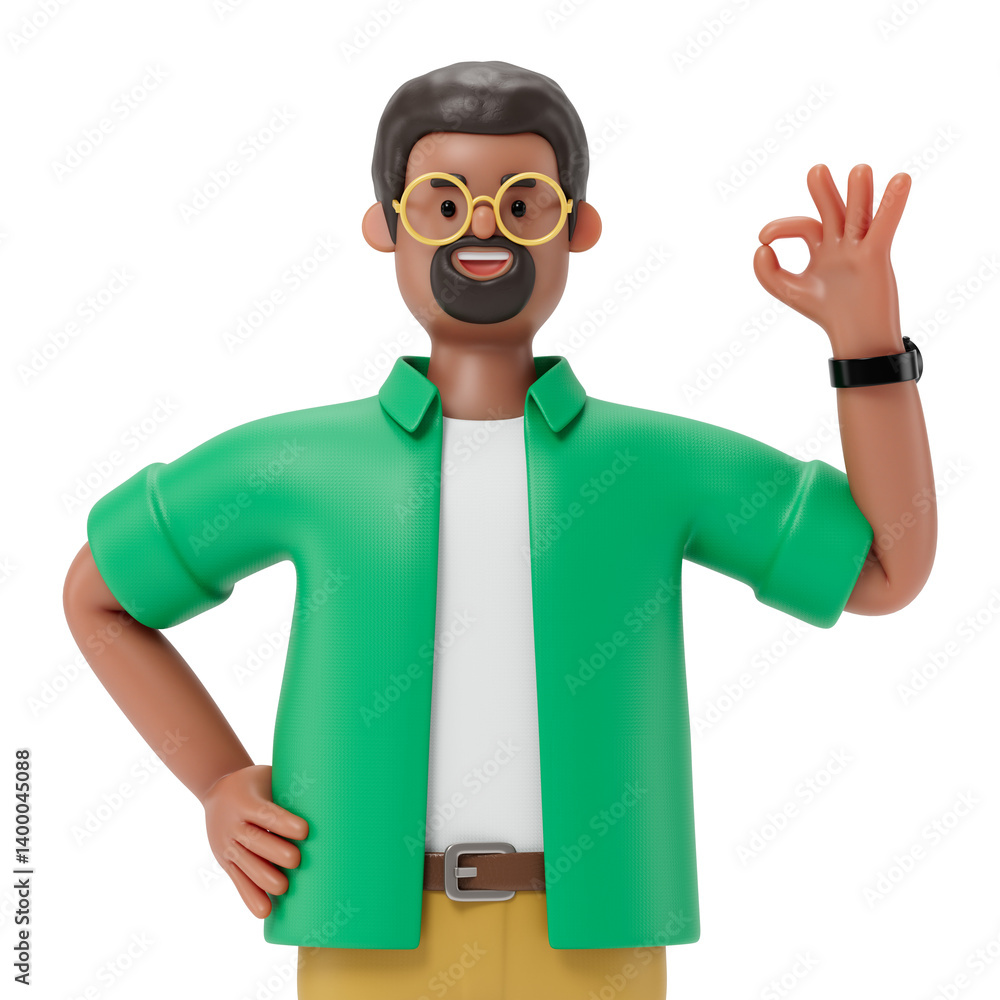 Poster a man with ok gesture in business attire. symbolizes approval or positivity. 3d rendering, conceptua