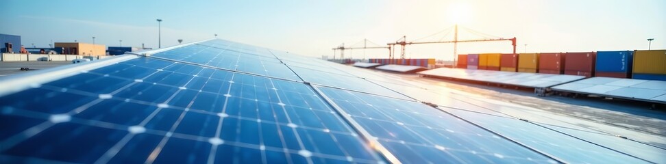 Close-up of solar panels on cargo terminal roof under clear sky, clean energy, electricity, power
