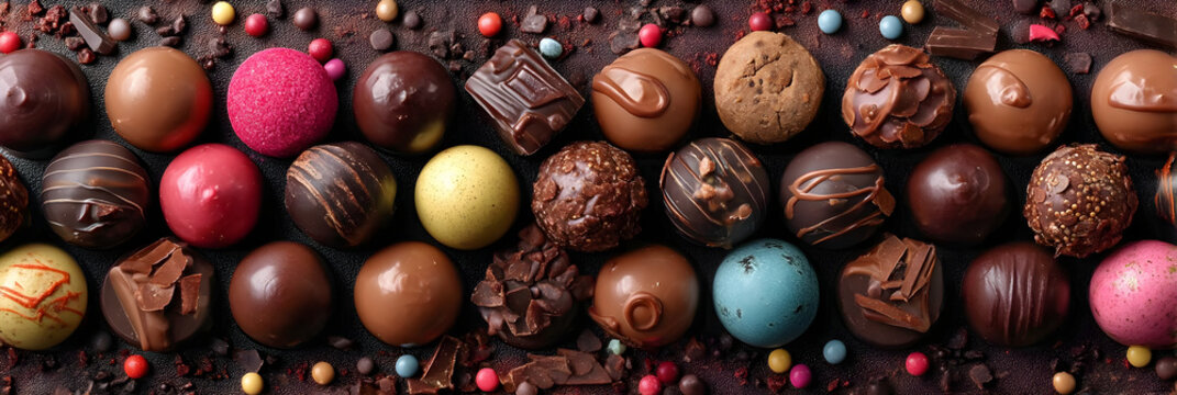 Decadent assortment celebrating world chocolate day with colorful confections. Top view. Horizontal banner. Copy space. Confectionery factory, brown background, sweet life