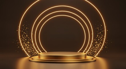 Obraz premium Golden Hour Podium: Luxurious 3D Render with Ambient Glow and Depth AI Generated