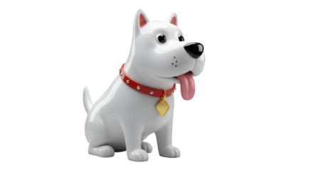 Cheerful Cartoon White Puppy with Red Collar and Gold Tag on Transparent Background