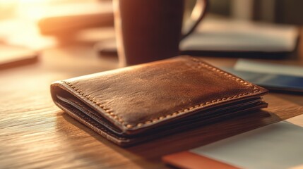 Brown Leather Wallet on Wooden Table in Warm Sunlight