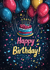 "Happy Birthday!" Cake and Balloons with Colorful Confetti