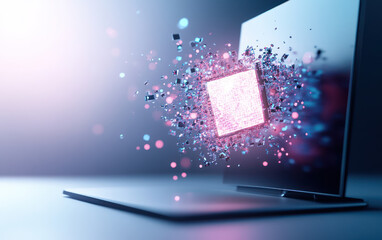 futuristic computer screen displays vibrant digital explosion, symbolizing advanced technology and innovation. colorful particles emanate from central cube, creating dynamic visual effect
