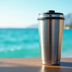 Obraz premium Close up of stainless steel water tumbler with sea horizon in background, refreshment, drink, environment