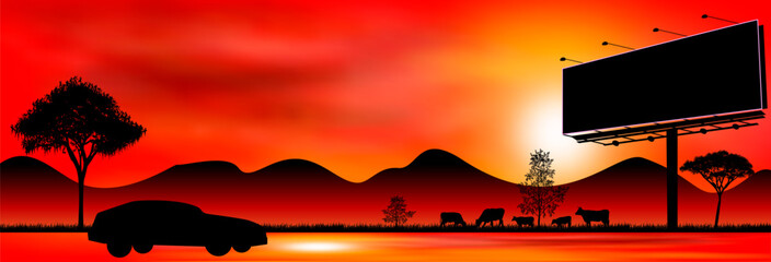 Billboards along the road. Billboard, car on the road with sunset background.