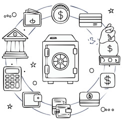Banking and Finance Icon Set with Money, Safe, Credit Cards, and ATM – Colorful Vector Illustration

