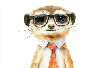 Fototapeta premium Cute meerkat. Glasses and tie. Hand painted. Watercolor illustration on white background