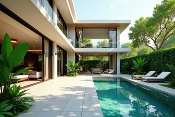 Spacious open-plan home, private garden oasis, elevated terrace, green, grass