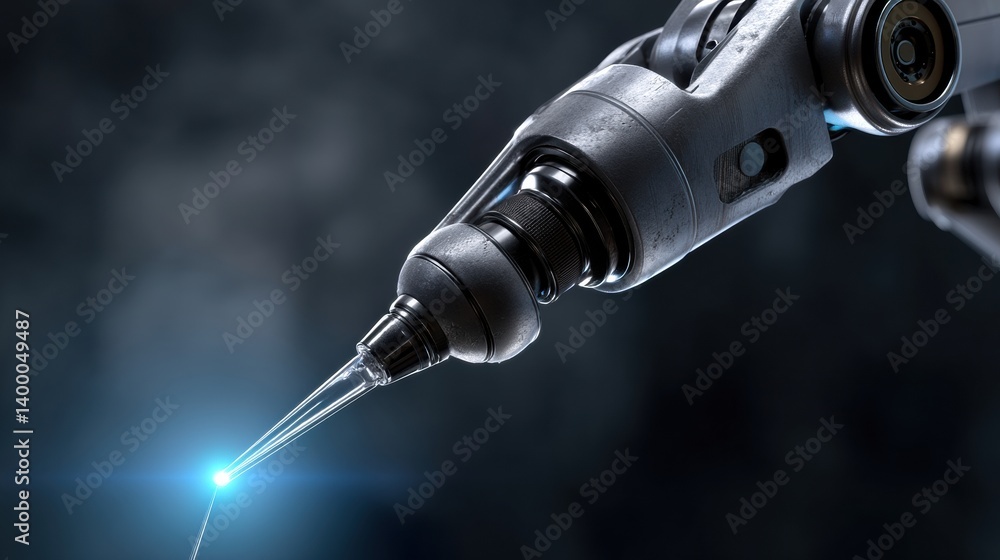 Poster robotic arm with a laser tool in high-tech environment.