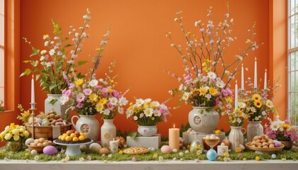 In a contemporary space with orange walls, a vibrant Easter display of flowers, candles, and springtime snacks...