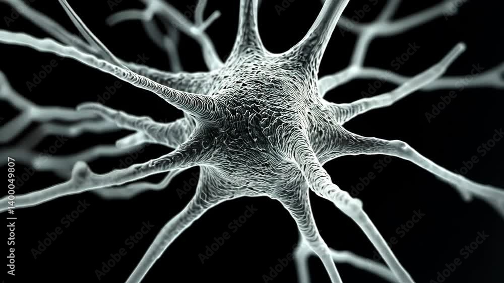 Poster detailed close-up visualization depicting a neuron with dendrites against a black background for sci