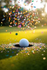 Hole-in-one celebration: A golf ball in the hole amidst a shower of colorful confetti on the green.