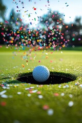 Golf ball dropping into the hole with a burst of colorful confetti, representing a hole in one celebration.