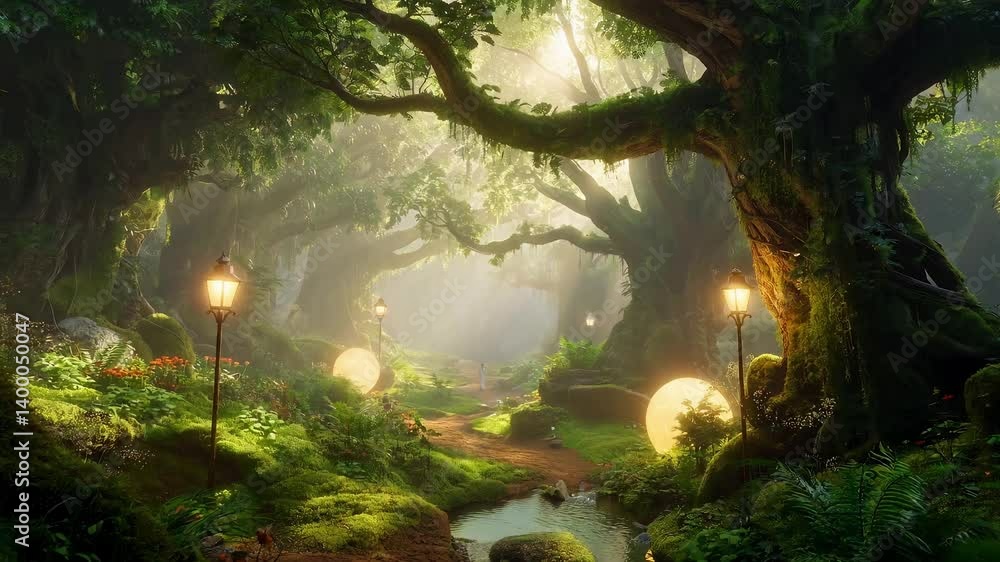 Poster magical forest path with glowing lanterns and lush green foliage and trees. the scene is bathed in s