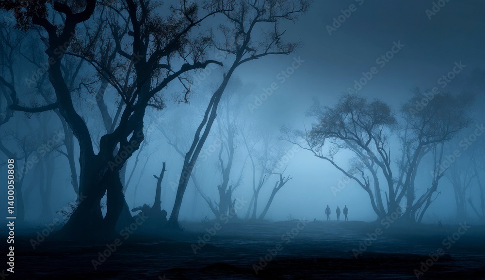 Poster exploring foggy forest path with silhouetted figures amidst bare trees