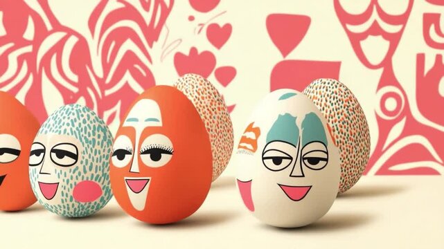 Painted easter eggs with funny faces showing different expressions
