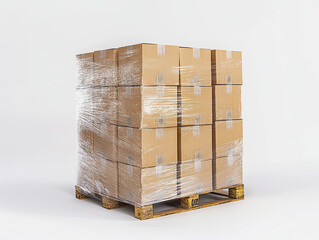 Pallet Stack: Brown cardboard boxes wrapped in plastic on a wooden pallet against white background.