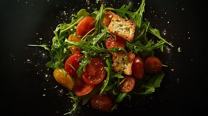 Close up shot of a salad with tomatoes croutons and arugula on a black background surface