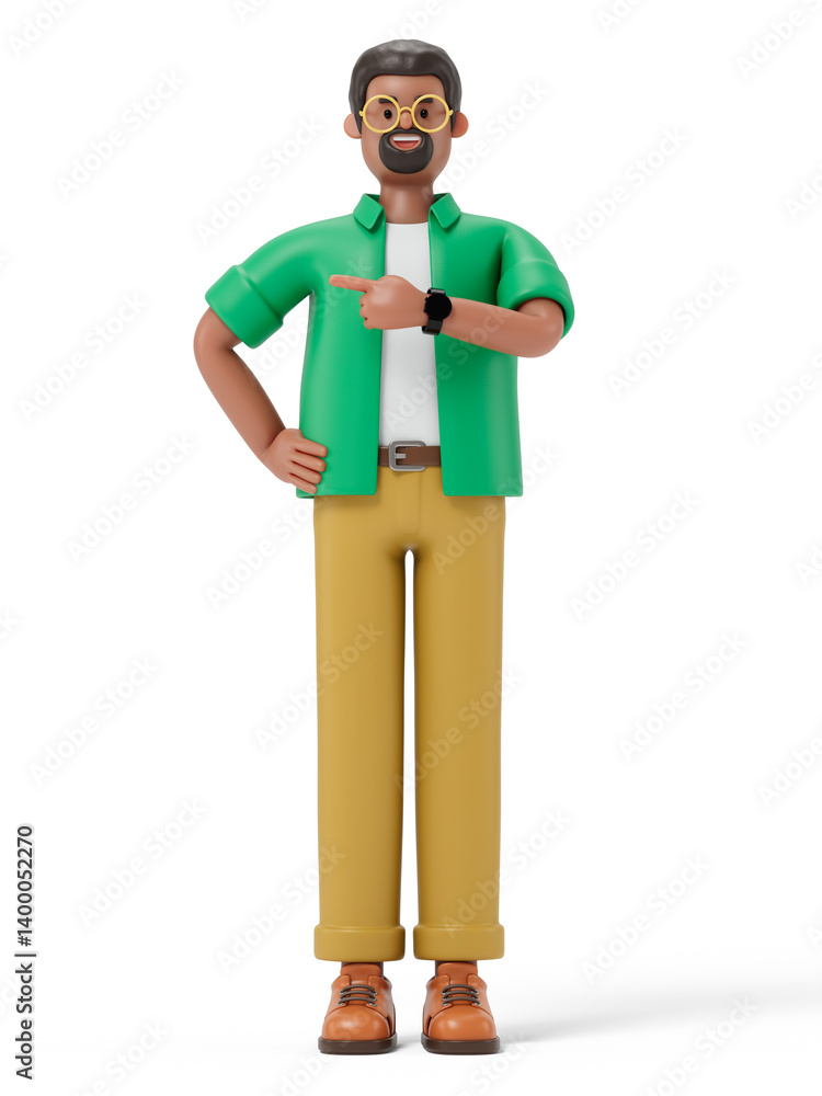 Poster a man points to the side, symbolizing guidance or attention. 3d rendering, conceptual image. isolate