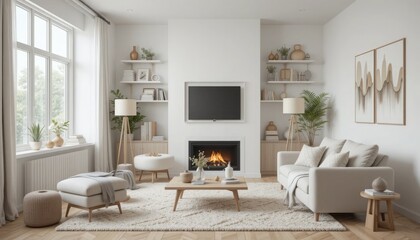 Fototapeta premium Soft fabrics, geometric shelves, and a comfortable, minimalist design characterize this Scandinavian-inspired living room.