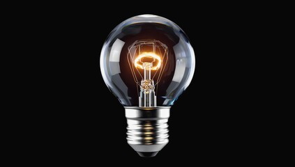 Clear glowing light bulb with visible filament centered on black background, symbolizing innovation, creativity, and bright ideas — ideal for design, energy, technology, and inspiration themes macro.