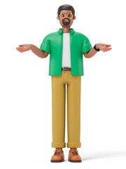 A man with arms spread, symbolizing openness or confusion. 3D rendering, conceptual image. Isolated on white background.