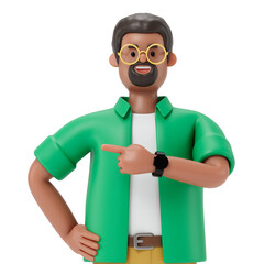 A man points to the side, symbolizing guidance or attention. 3D rendering, conceptual image. Isolated on white background.