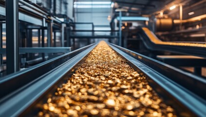 Industrial metal processing conveyor belt.  Gold colored metal pieces move along a modern factory conveyor system