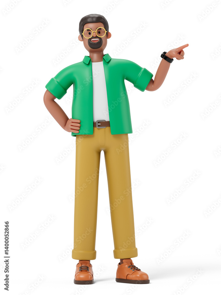 Poster a man points to the side, symbolizing guidance or attention. 3d rendering, conceptual image. isolate
