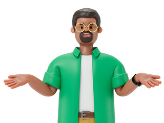 A man with arms spread, symbolizing openness or confusion. 3D rendering, conceptual image. Isolated on white background.