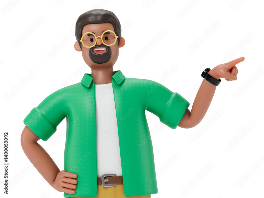 Poster a man points to the side, symbolizing guidance or attention. 3d rendering, conceptual image. isolate