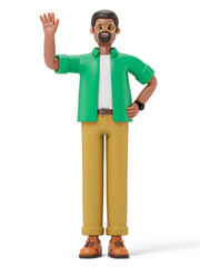 A man in business attire waving, symbolizing greeting or presentation. 3D rendering, conceptual image. Isolated on white background.