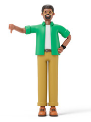 A man gives a thumbs down, symbolizing disapproval or rejection. 3D rendering, conceptual image. Isolated on white background.