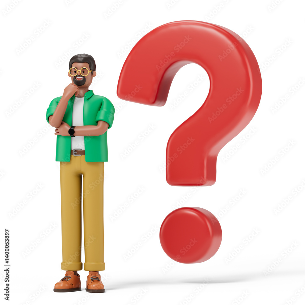 Poster a man contemplates next to a large question mark, symbolizing confusion or contemplation. 3d renderi