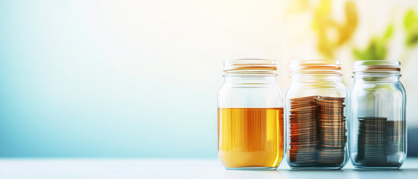 Transparent jars filled with coins and liquid, symbolizing savings and financial planning. warm light creates hopeful for budgeting and money management