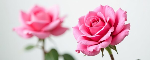 Fototapeta premium Close-up of two vibrant pink rose blossoms on white backdrop, roses, romantic, petals