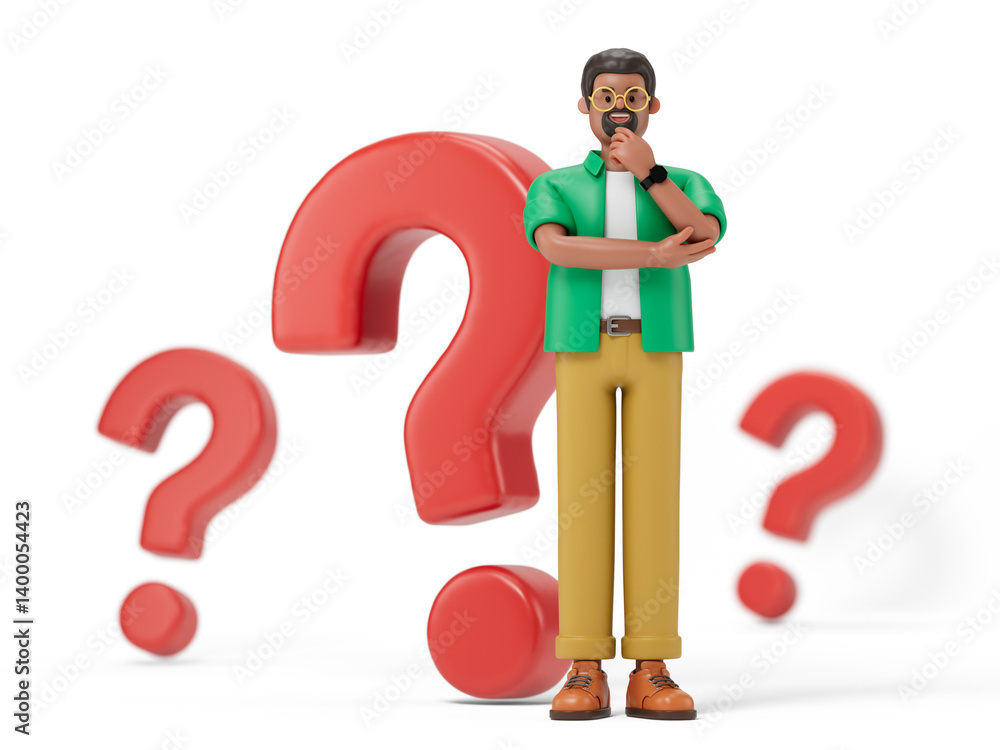 Poster a man ponders, surrounded by question marks, symbolizing confusion or seeking answers. 3d rendering,