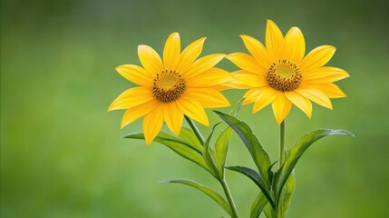 Obraz premium Two vibrant yellow flowers with dark centers bloom together against a soft green blurred background showcasing their delicate petals and stems.