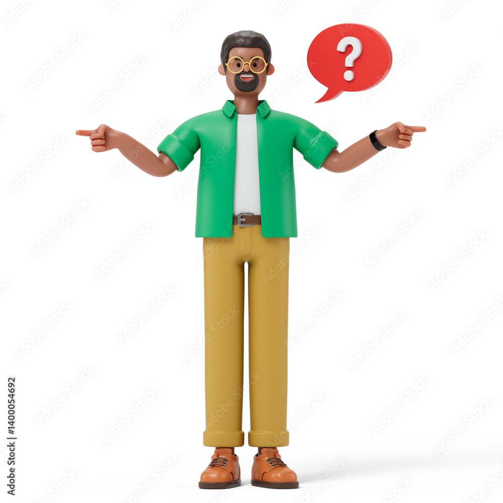 Poster a man shrugs with a question mark above his head, symbolizing uncertainty or confusion. 3d rendering
