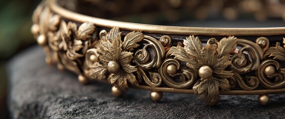 Ornate golden leaves and swirls adorn a dark, wide ring. Close-up
