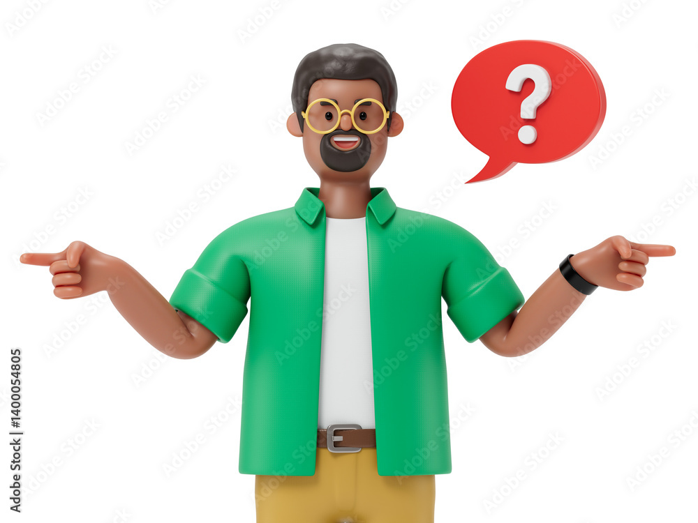 Poster a man shrugs with a question mark above his head, symbolizing uncertainty or confusion. 3d rendering