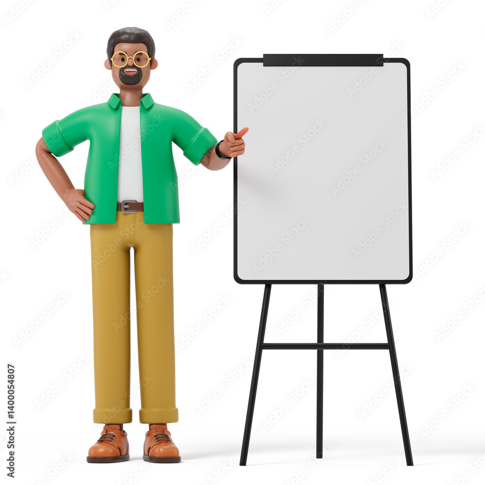 Poster a man points to a blank whiteboard, symbolizing explanation or presentation. 3d rendering, conceptua