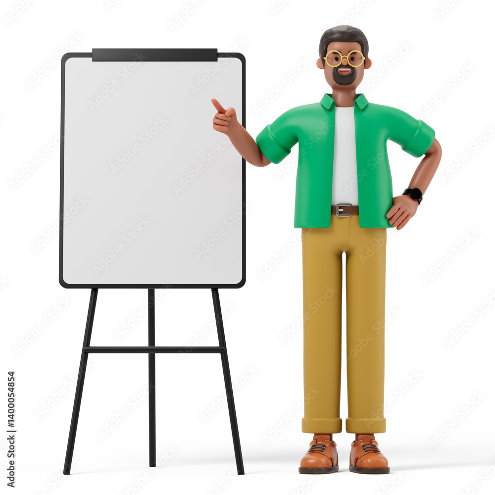 Poster a man points to a blank whiteboard, symbolizing explanation or presentation. 3d rendering, conceptua
