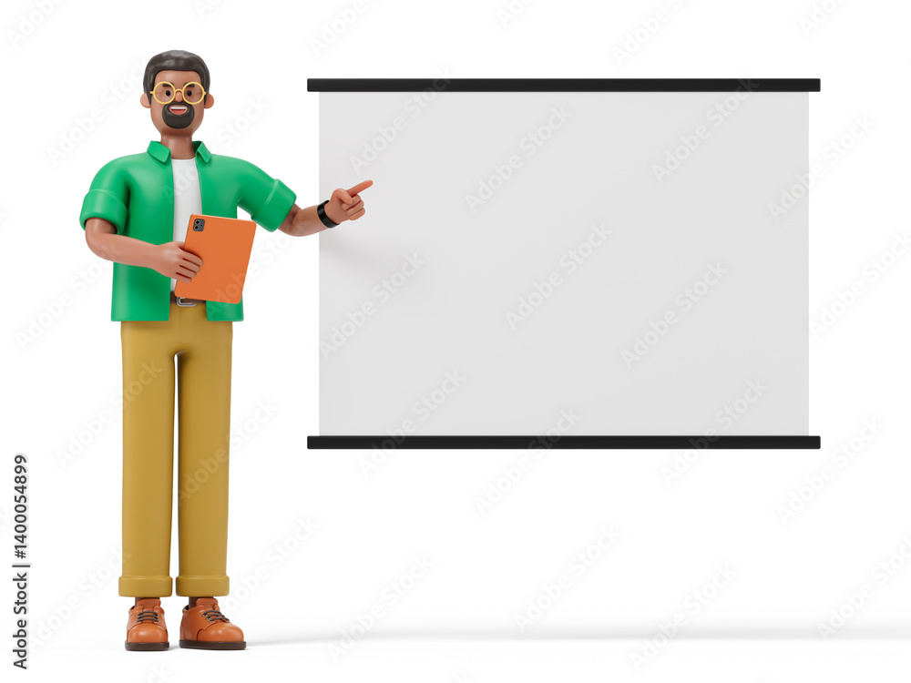 Poster a man holds a tablet, pointing to a blank screen, symbolizing presentation or explanation. 3d render