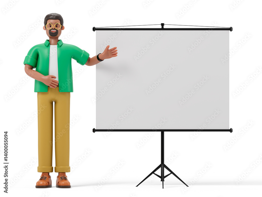 Aufkleber a man gestures towards a blank flip chart, symbolizing preparation for a presentation or lecture. 3d
