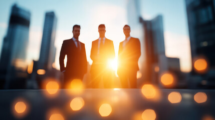 Business professionals in suits stand against city skyline at sunset, creating powerful and dynamic . blurred lights add sense of depth and energy to scene