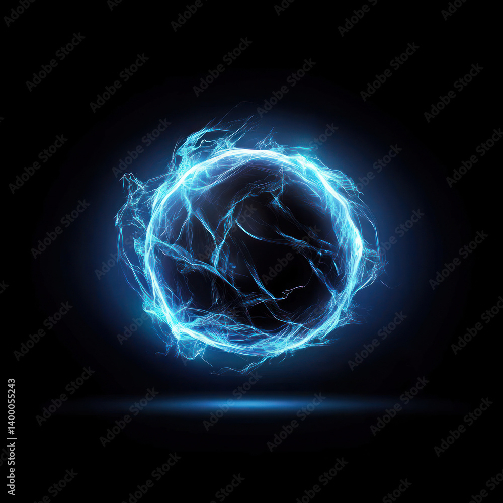 Poster glowing energy orb with electric blue light and swirling patterns against black background creates d